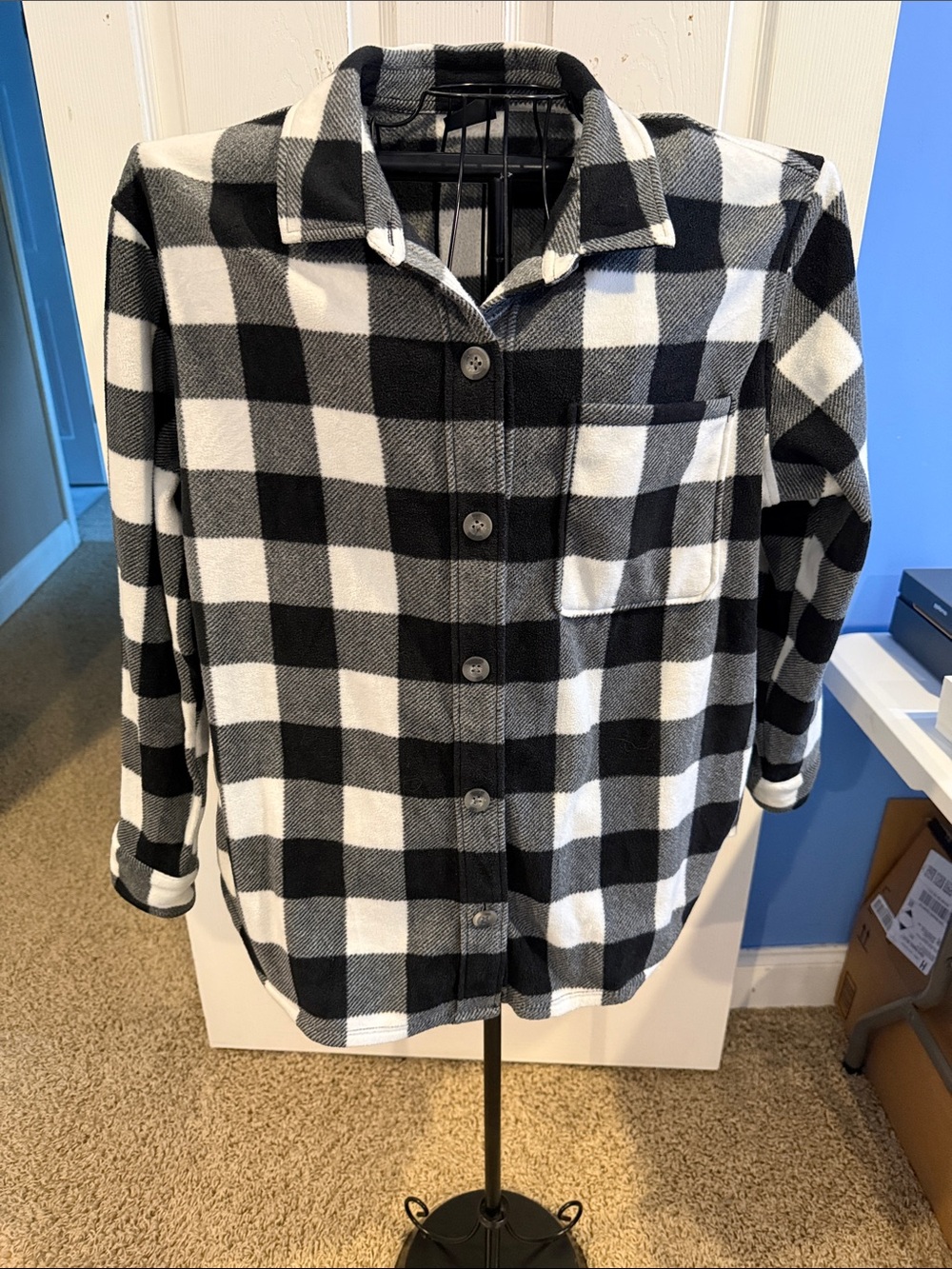 Eddie Bauer Black and White Buffalo Plaid Check Button-Up Fleece Shirt XL